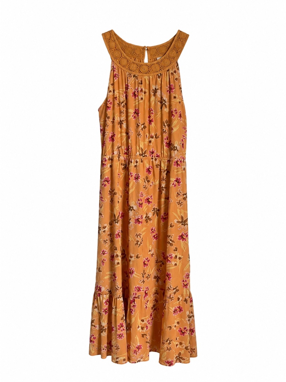 NWT Daniel Rainn Floral Crochet Yoke Maxi Dress Mustard Size M Boho